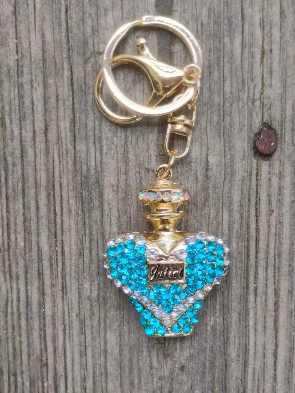 Blue rhinestone perfume bottle bag charm keychain